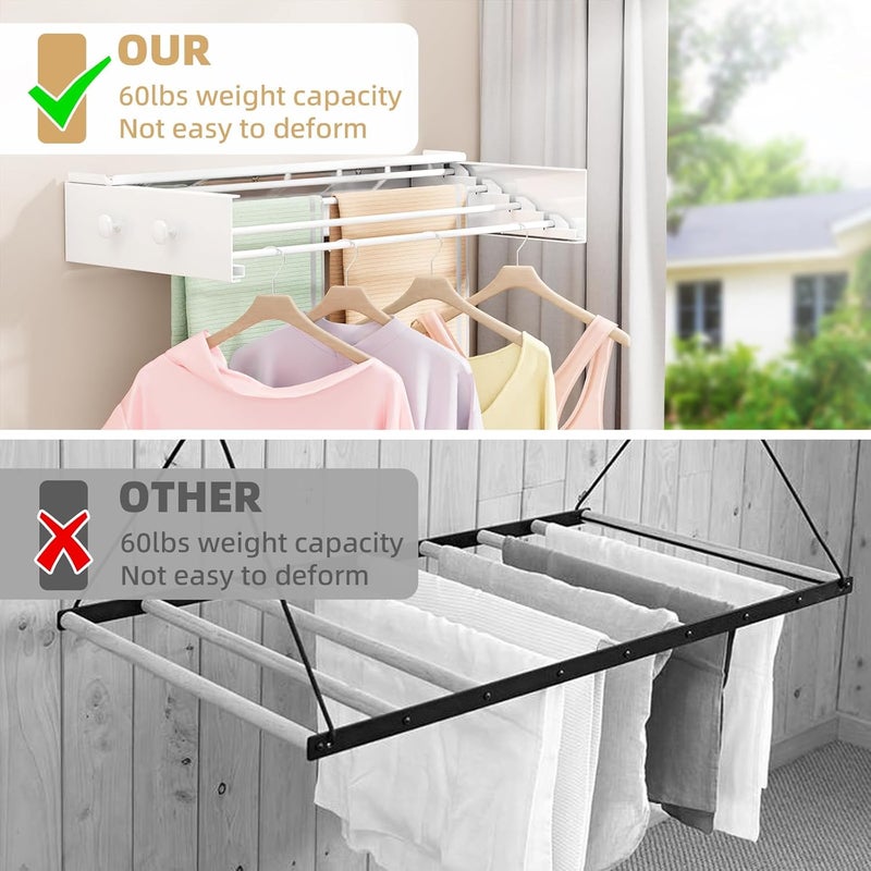 BAKON Wall Mounted Drying Rack with 4 Hooks and Shelf, Foldable Clothes Drying Rack for Laundry Room, Collapsible Laundry Rack Wall Mount, for Indoor Outdoor Hanging Clothes, 23.6 Inch - Image 5